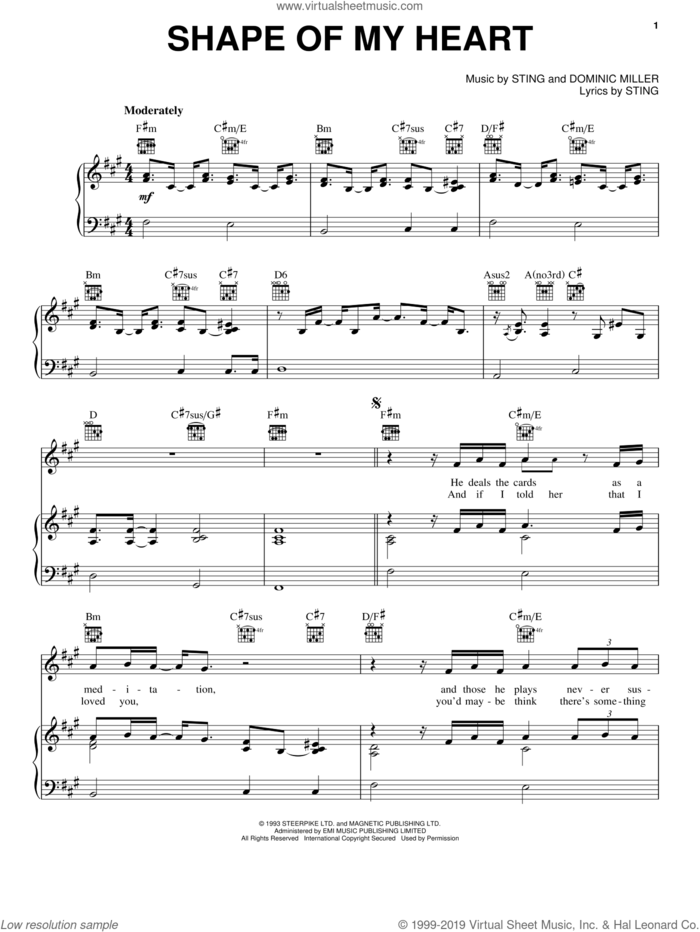 Shape Of My Heart sheet music for voice, piano or guitar by Sting and Dominic Miller, intermediate skill level
