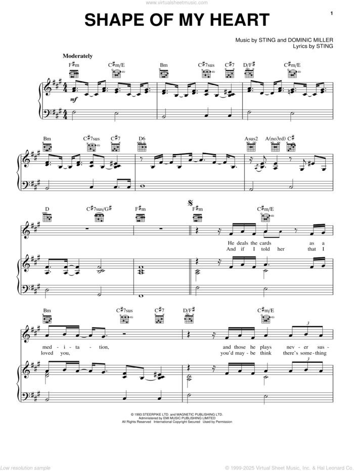 Shape Of My Heart sheet music for voice, piano or guitar by Sting and Dominic Miller, intermediate skill level