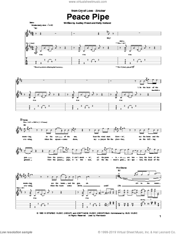 Peace Pipe sheet music for guitar (tablature) by Cry Of Love, Audley Freed and Kelly Holland, intermediate skill level