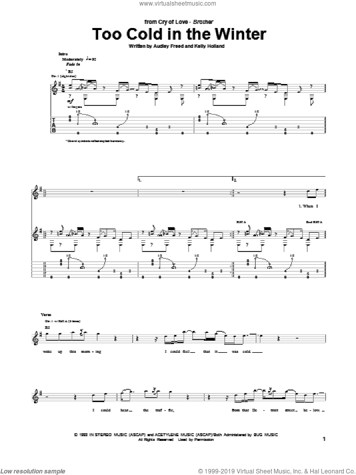 Too Cold In The Winter sheet music for guitar (tablature) by Cry Of Love, Audley Freed and Kelly Holland, intermediate skill level