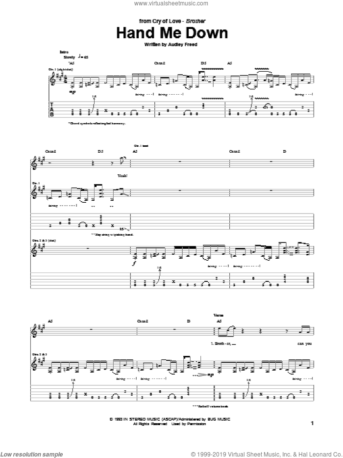 Hand Me Down sheet music for guitar (tablature) by Cry Of Love and Audley Freed, intermediate skill level