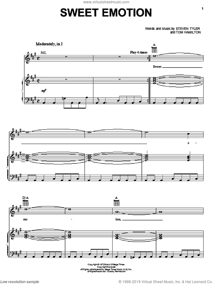 Sweet Emotion sheet music for voice, piano or guitar by Aerosmith, Steven Tyler and Tom Hamilton, intermediate skill level