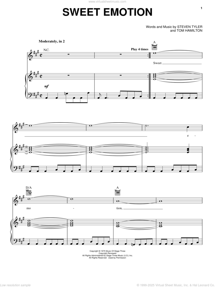 Sweet Emotion sheet music for voice, piano or guitar by Aerosmith, Steven Tyler and Tom Hamilton, intermediate skill level