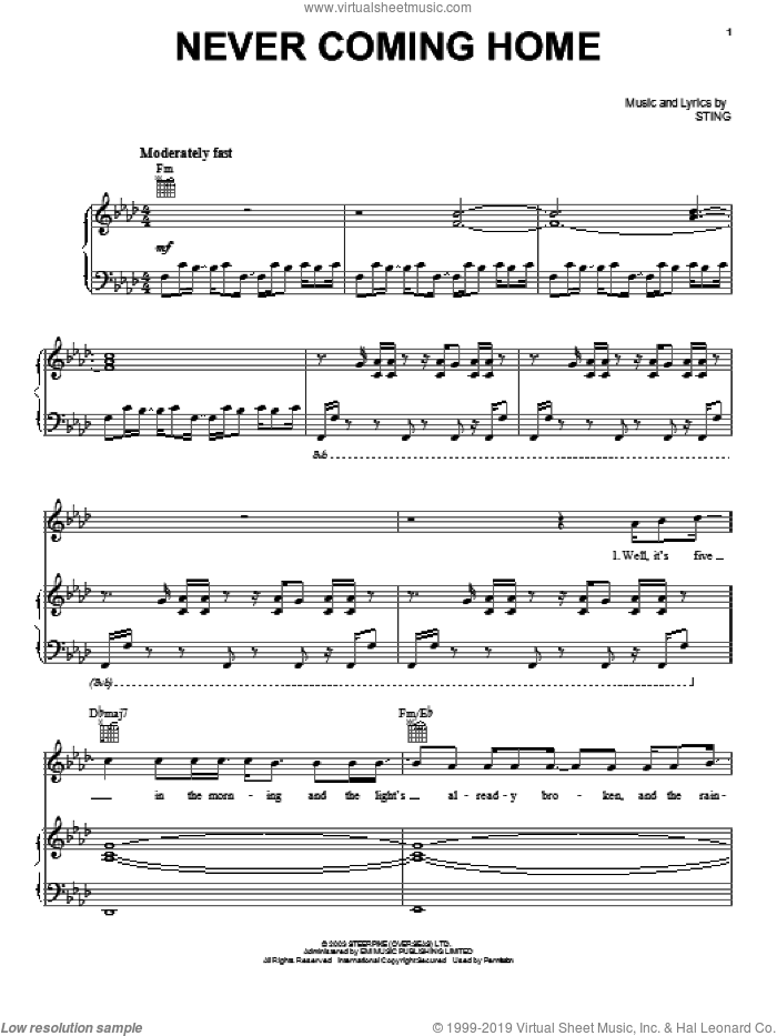 Never Coming Home sheet music for voice, piano or guitar by Sting, intermediate skill level