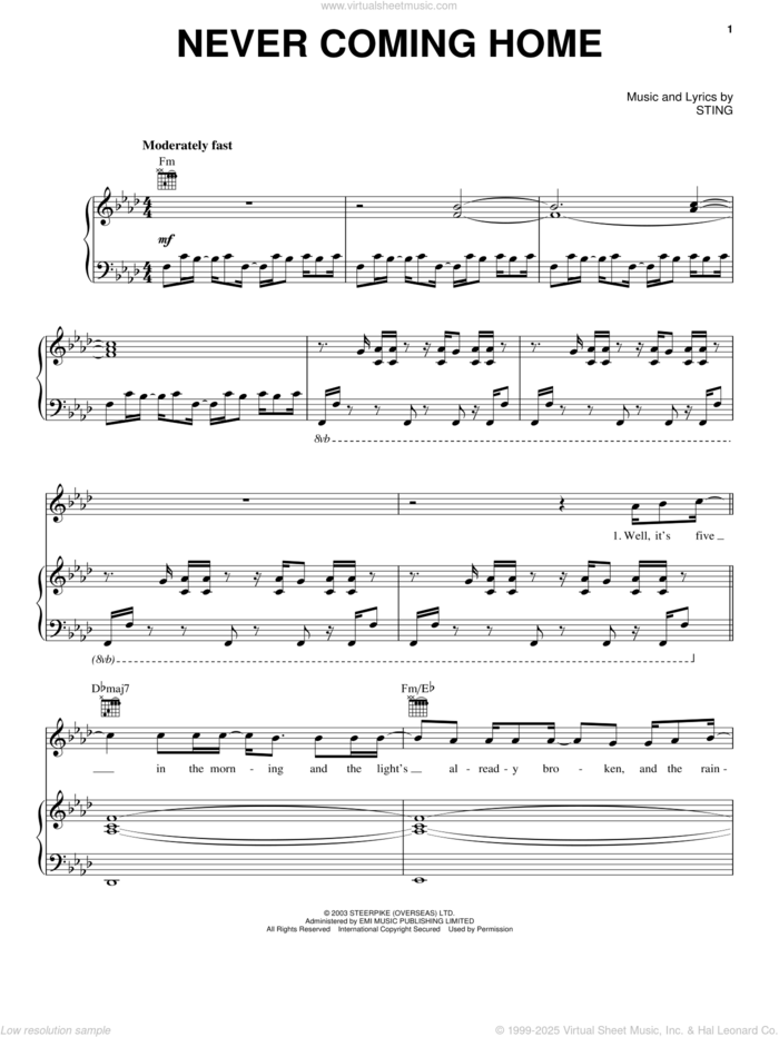 Never Coming Home sheet music for voice, piano or guitar by Sting, intermediate skill level