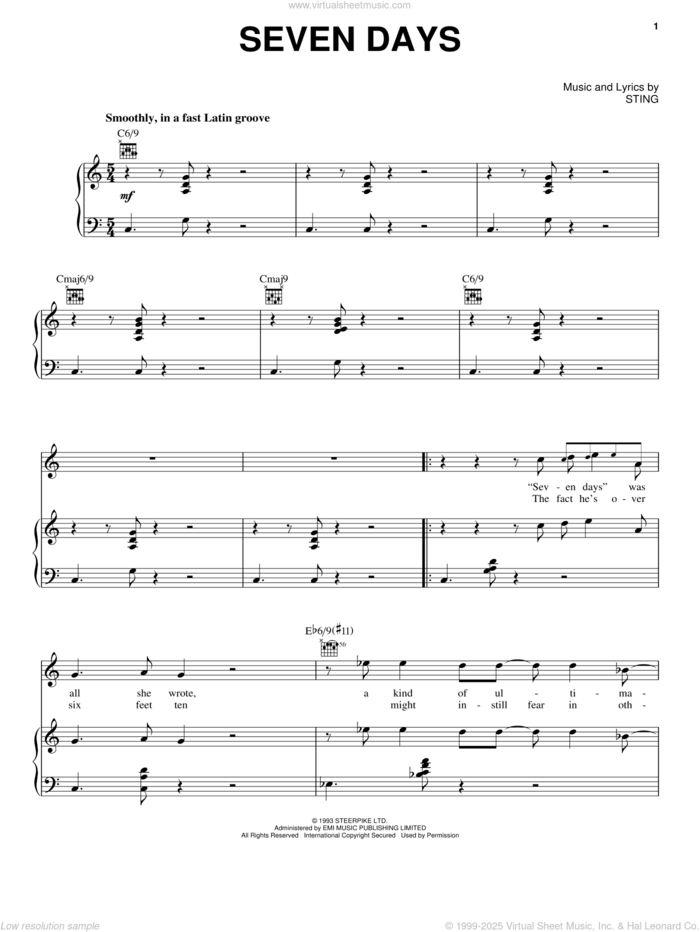 Seven Days sheet music for voice, piano or guitar by Sting, intermediate skill level