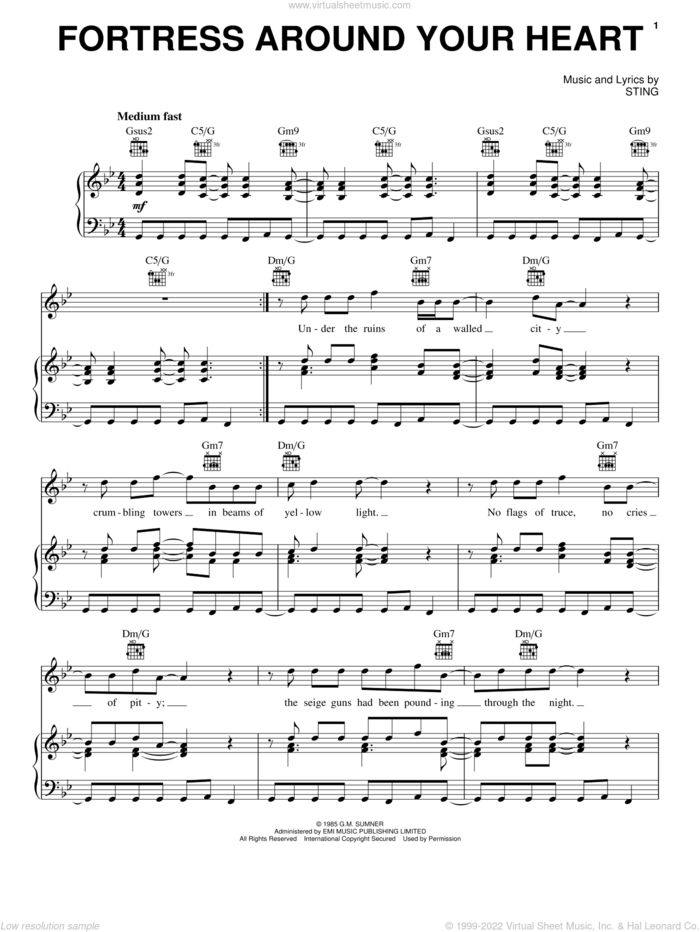 Fortress Around Your Heart sheet music for voice, piano or guitar by Sting, intermediate skill level
