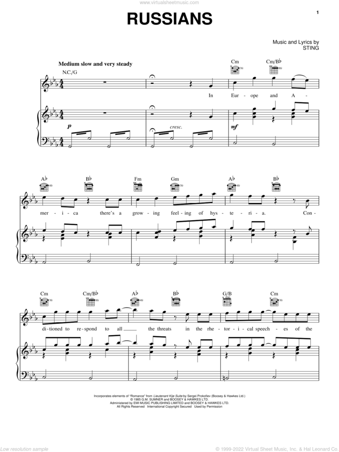 Russians sheet music for voice, piano or guitar by Sting and Sergei Prokofiev, intermediate skill level