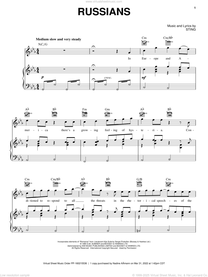 Russians sheet music for voice, piano or guitar by Sting and Sergei Prokofiev, intermediate skill level