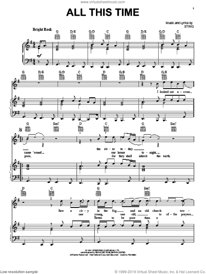 All This Time sheet music for voice, piano or guitar by Sting, intermediate skill level