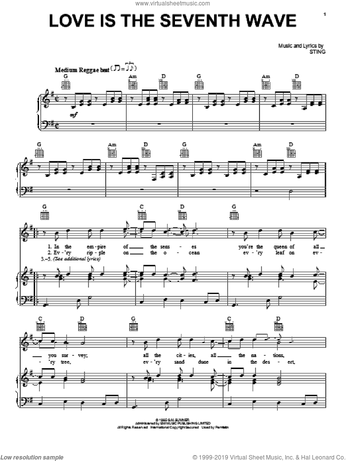 Love Is The Seventh Wave sheet music for voice, piano or guitar by Sting, intermediate skill level