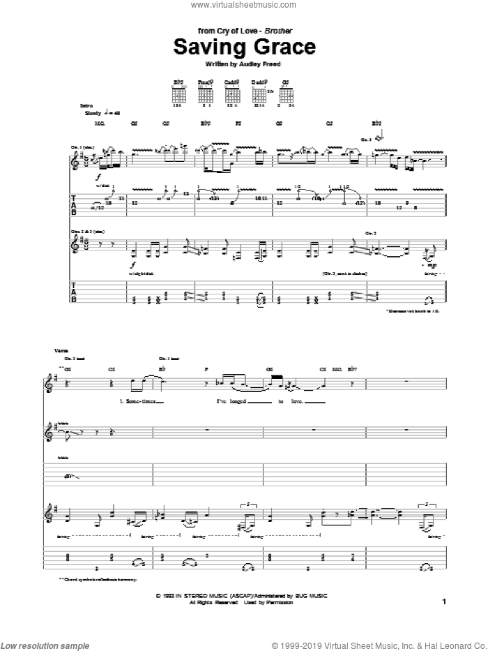 Saving Grace sheet music for guitar (tablature) by Cry Of Love and Audley Freed, intermediate skill level