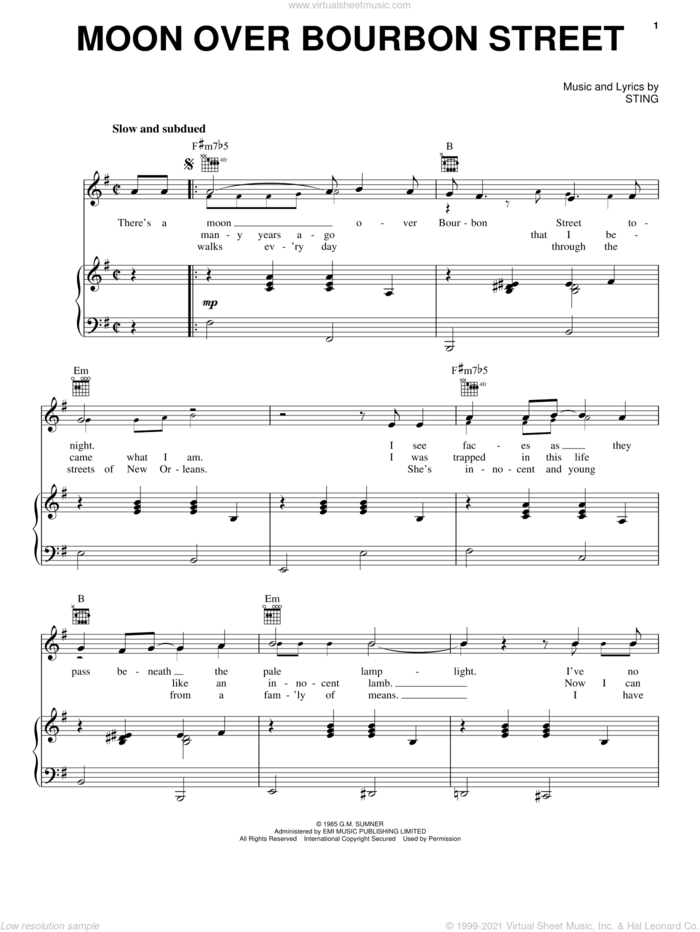 Moon Over Bourbon Street sheet music for voice, piano or guitar by Sting, intermediate skill level