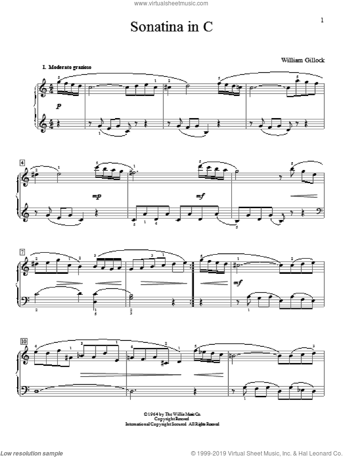 Sonatina In C sheet music for piano solo (elementary) by William Gillock, classical score, beginner piano (elementary)