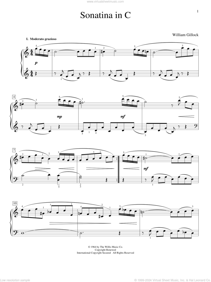 Sonatina In C sheet music for piano solo (elementary) by William Gillock, classical score, beginner piano (elementary)