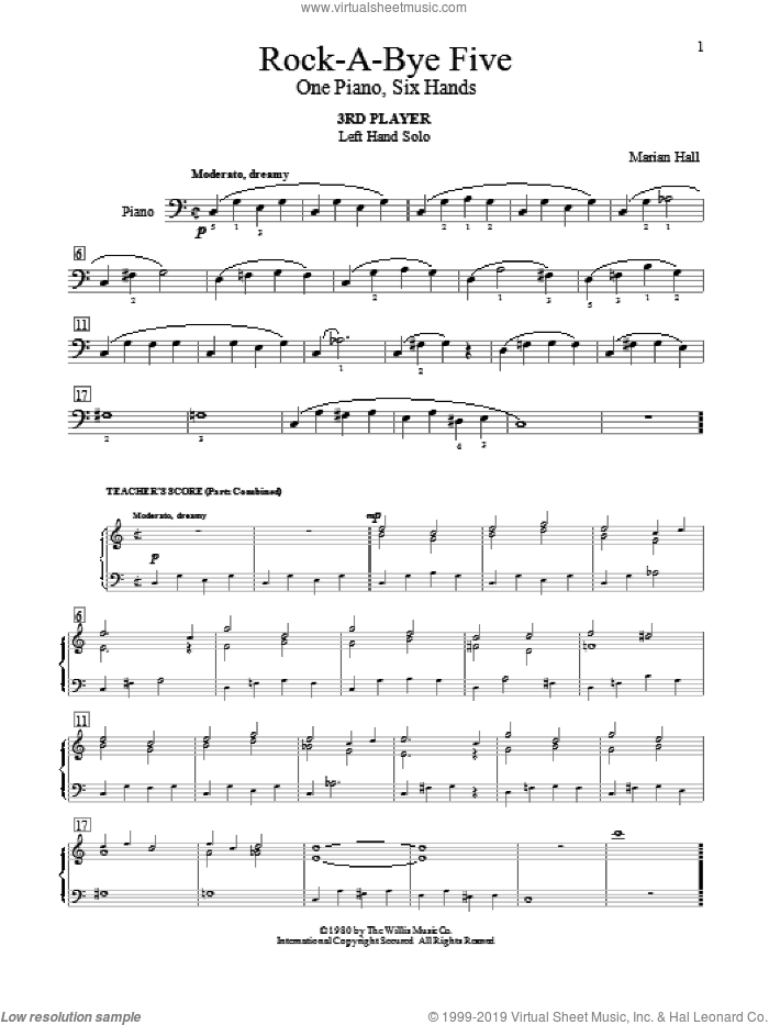 Rock-A-Bye Five sheet music for piano four hands by Marian Hall, intermediate skill level