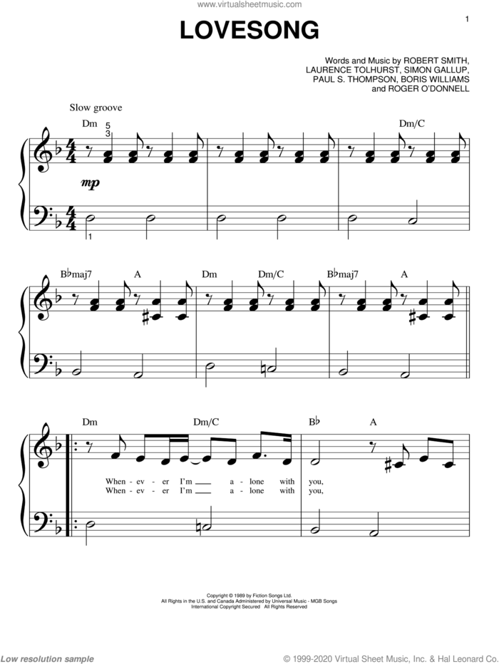 Lovesong sheet music for piano solo (big note book) by Adele, Boris Williams, Laurence Tolhurst, Paul S. Thompson, Robert Smith and Simon Gallup, easy piano (big note book)
