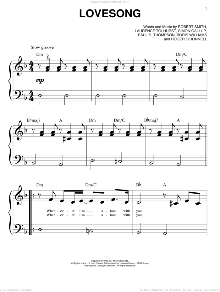 Lovesong sheet music for piano solo (big note book) by Adele, Boris Williams, Laurence Tolhurst, Paul S. Thompson, Robert Smith and Simon Gallup, easy piano (big note book)