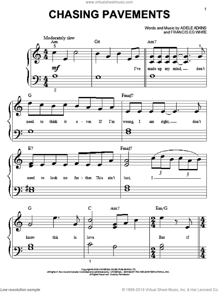 Chasing Pavements sheet music for piano solo (big note book) by Adele, Adele Adkins and Francis White, easy piano (big note book)