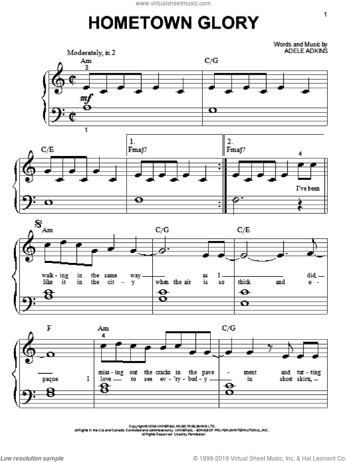 Hometown Glory sheet music for piano solo (big note book) by Adele and Adele Adkins, easy piano (big note book)