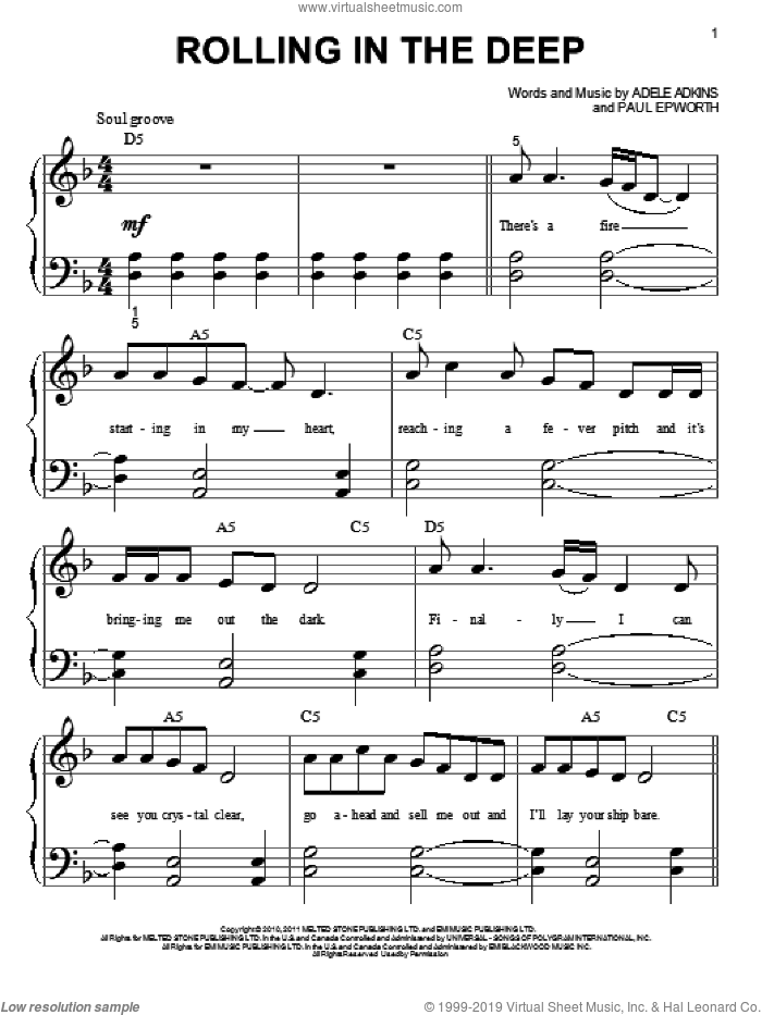 Rolling In The Deep sheet music for piano solo (big note book) by Adele, Adele Adkins and Paul Epworth, easy piano (big note book)