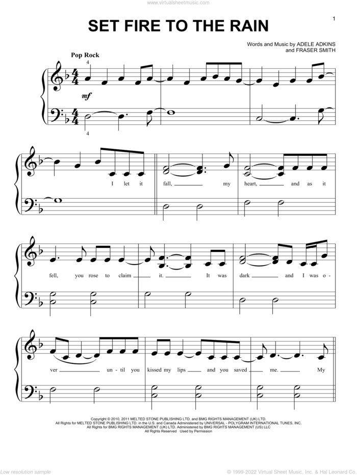 Set Fire To The Rain sheet music for piano solo (big note book) by Adele, Adele Adkins and Fraser T. Smith, easy piano (big note book)