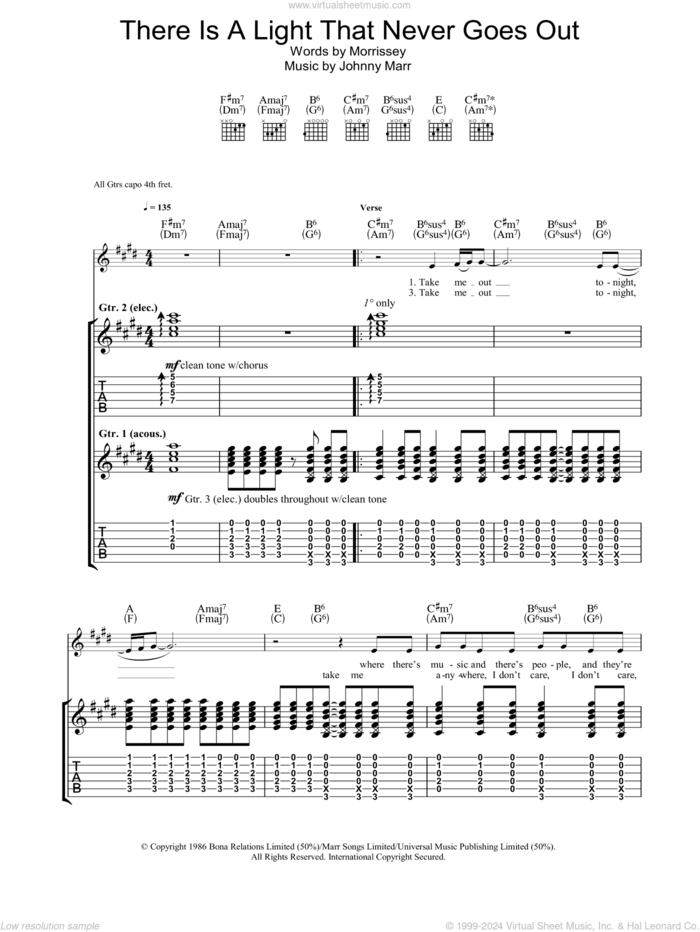 There Is A Light That Never Goes Out sheet music for guitar (tablature) by The Smiths, Johnny Marr and Steven Morrissey, intermediate skill level