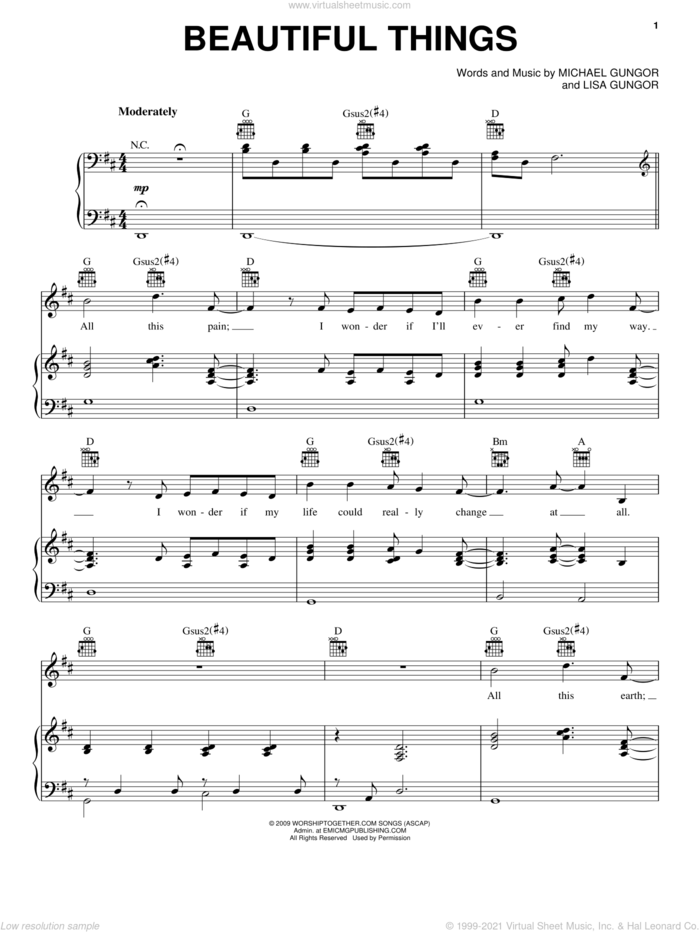 Beautiful Things sheet music for voice, piano or guitar by Michael Gungor and Lisa Gungor, intermediate skill level