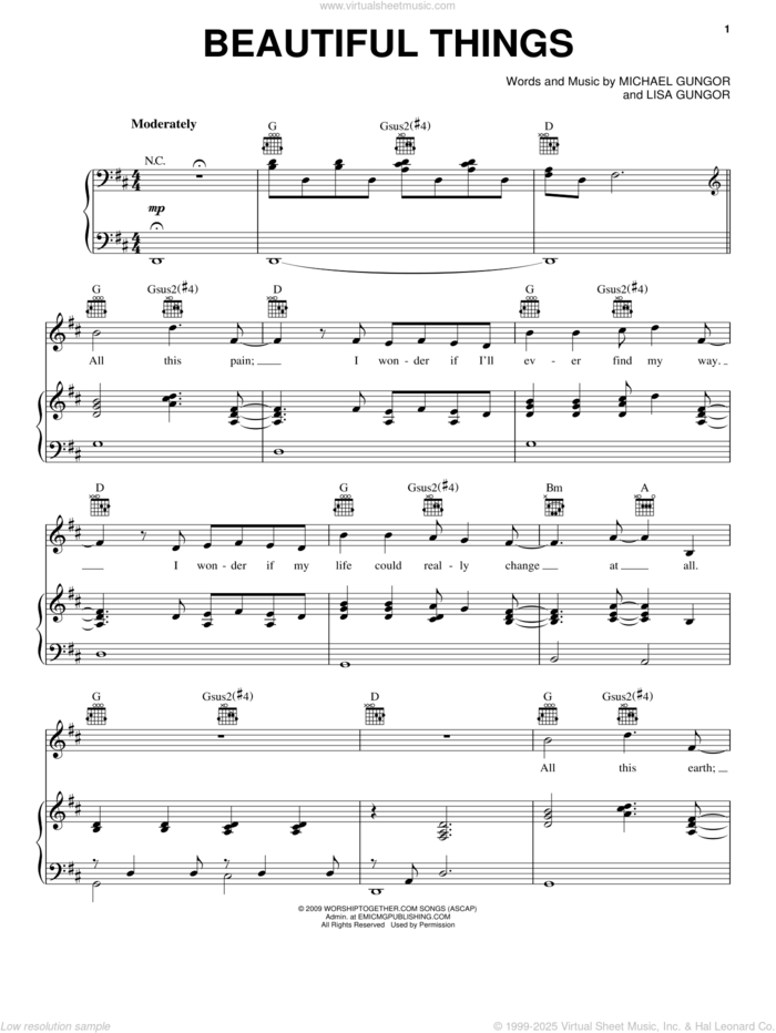 Beautiful Things sheet music for voice, piano or guitar by Michael Gungor and Lisa Gungor, intermediate skill level