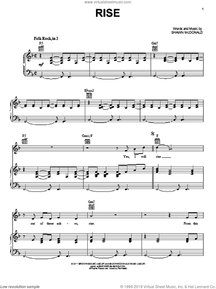 Rise sheet music for voice, piano or guitar by Shawn McDonald, intermediate skill level