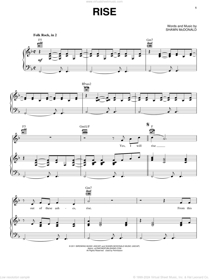 Rise sheet music for voice, piano or guitar by Shawn McDonald, intermediate skill level