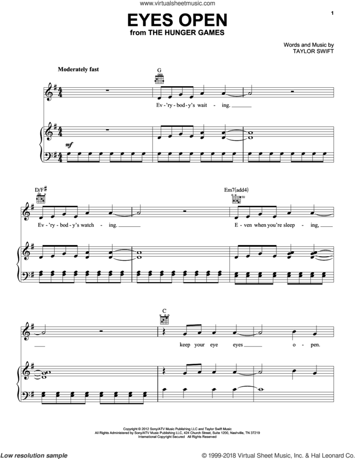 Eyes Open sheet music for voice, piano or guitar by Taylor Swift, intermediate skill level