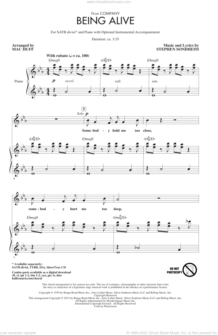 Being Alive sheet music for choir (SATB: soprano, alto, tenor, bass) by Stephen Sondheim, Company (Musical) and Mac Huff, intermediate skill level