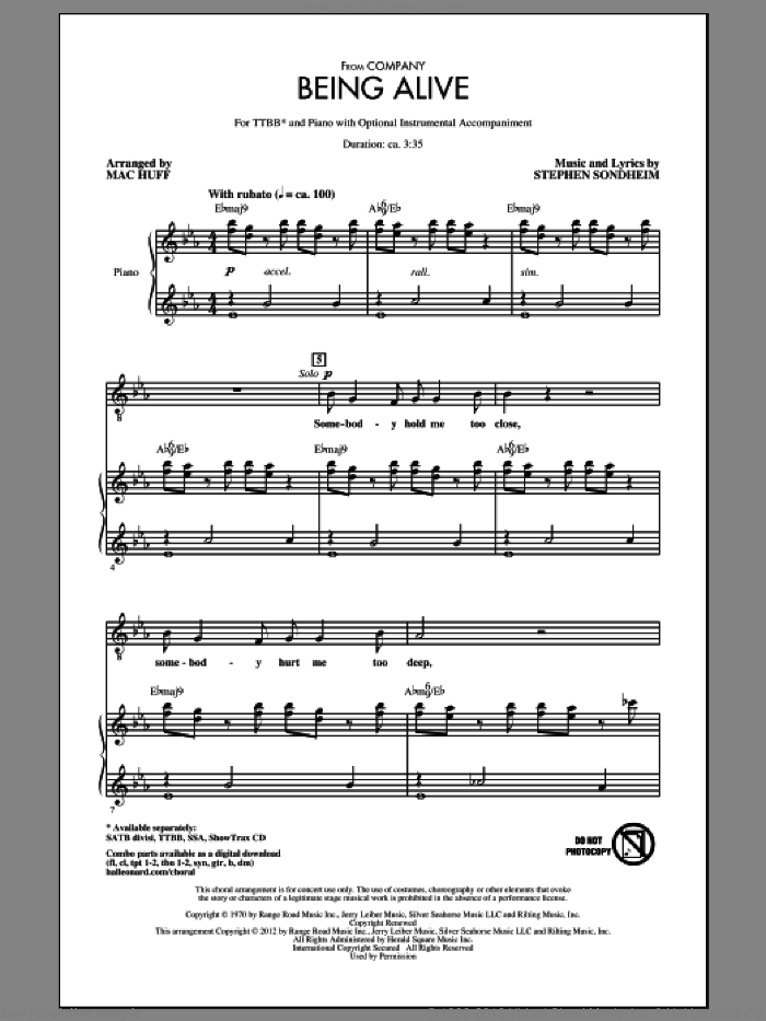 Being Alive sheet music for choir (TTBB: tenor, bass) by Stephen Sondheim, Company (Musical) and Mac Huff, intermediate skill level