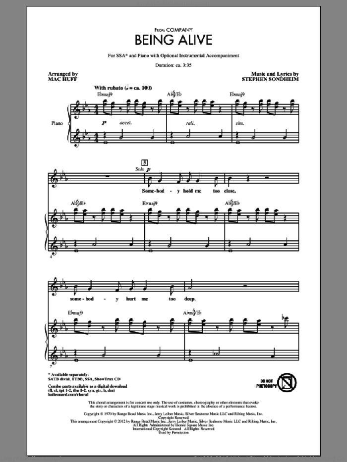 Being Alive sheet music for choir (SSA: soprano, alto) by Stephen Sondheim, Company (Musical) and Mac Huff, intermediate skill level