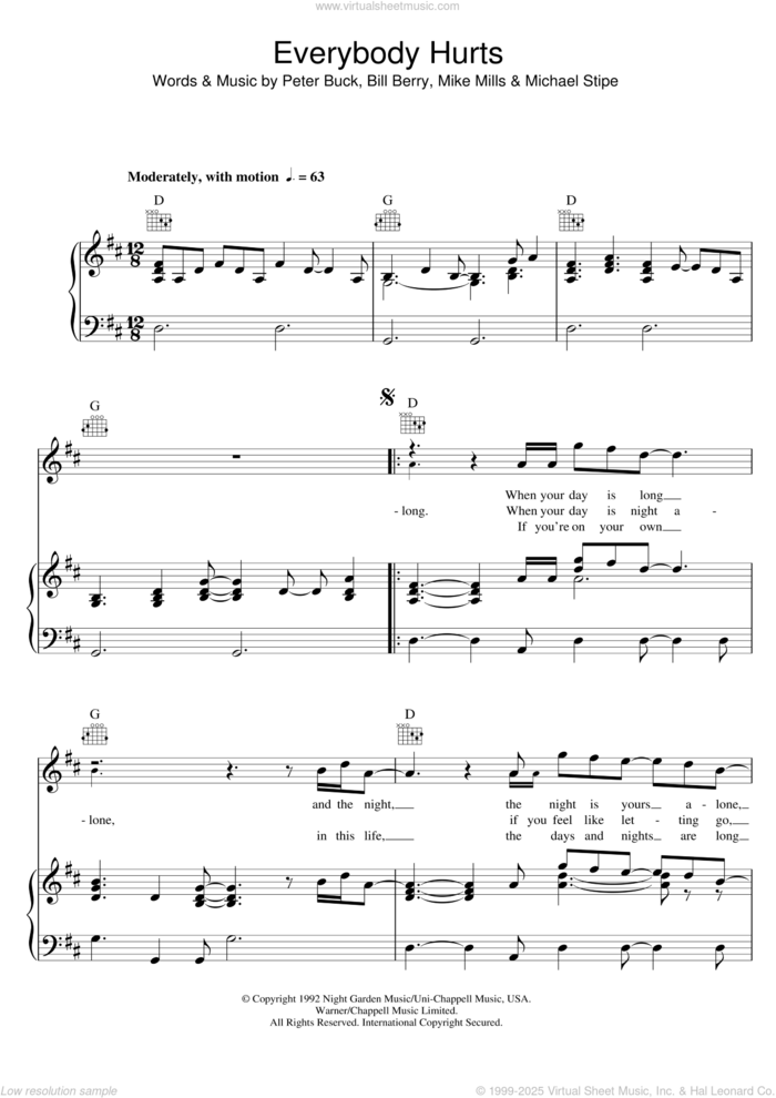 Everybody Hurts sheet music for voice, piano or guitar by R.E.M., Bill Berry, Michael Stipe, Mike Mills and Peter Buck, intermediate skill level