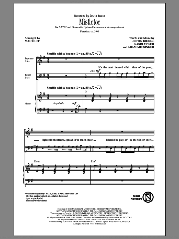 Mistletoe sheet music for choir (SATB: soprano, alto, tenor, bass) by Justin Bieber, Adam Messinger, Nasri Atweh and Mac Huff, intermediate skill level