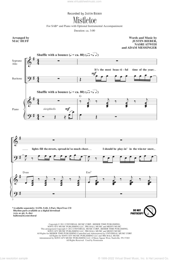 Mistletoe sheet music for choir (SAB: soprano, alto, bass) by Justin Bieber, Adam Messinger, Nasri Atweh and Mac Huff, intermediate skill level