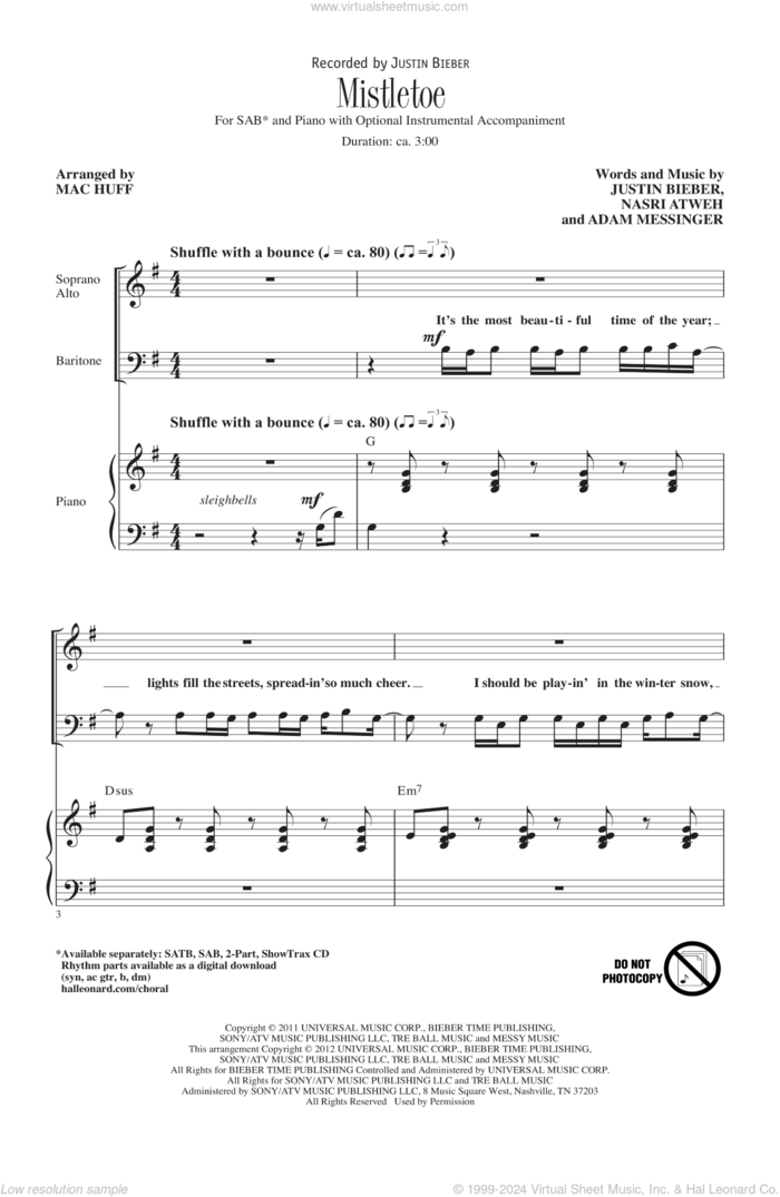 Mistletoe sheet music for choir (SAB: soprano, alto, bass) by Justin Bieber, Adam Messinger, Nasri Atweh and Mac Huff, intermediate skill level