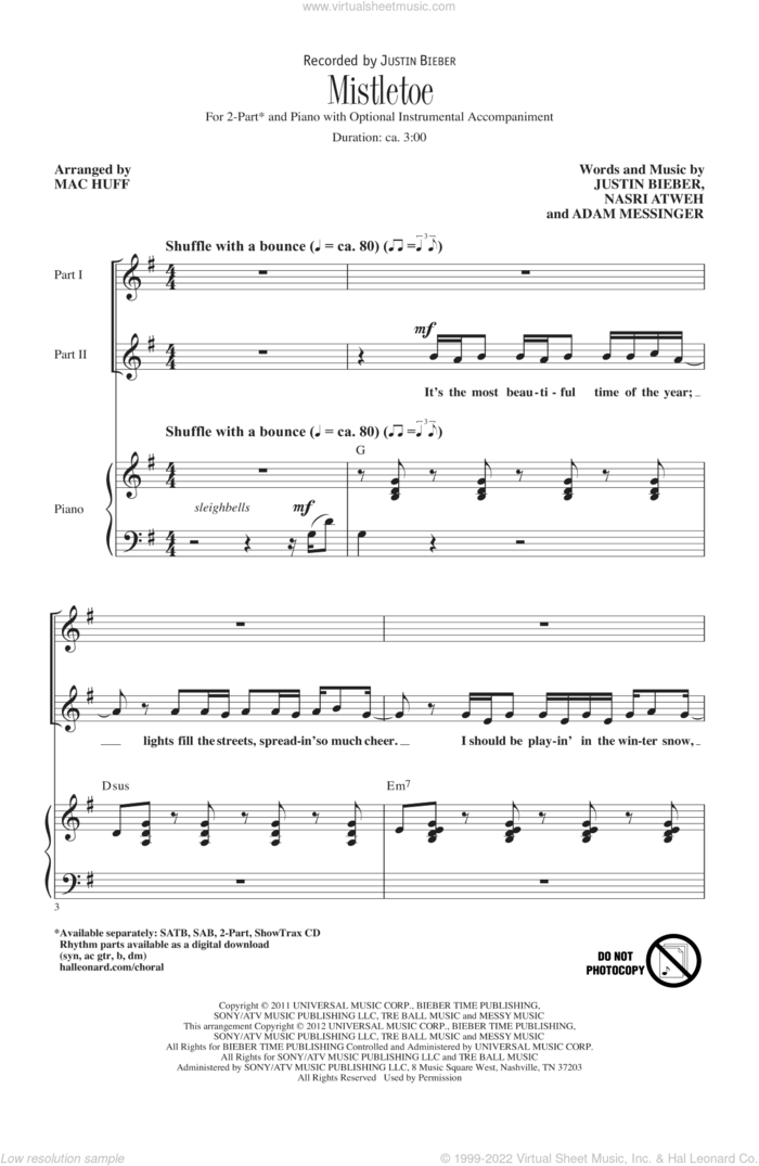 Mistletoe sheet music for choir (2-Part) by Justin Bieber, Adam Messinger, Nasri Atweh and Mac Huff, intermediate duet
