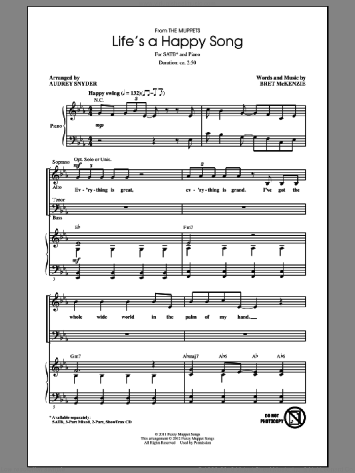 Life's A Happy Song sheet music for choir (SATB: soprano, alto, tenor, bass) by Bret McKenzie, Audrey Snyder and The Muppets, intermediate skill level