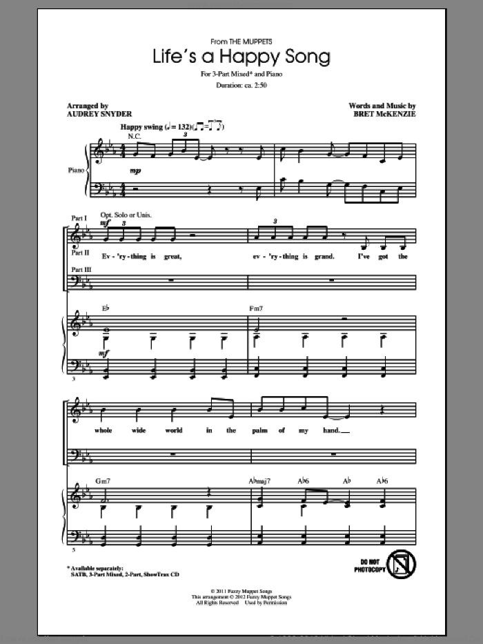 Life's A Happy Song sheet music for choir (3-Part Mixed) by Bret McKenzie, Audrey Snyder and The Muppets, intermediate skill level