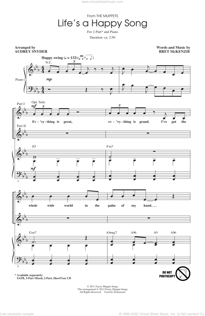 Life's A Happy Song sheet music for choir (2-Part) by Bret McKenzie, Audrey Snyder and The Muppets, intermediate duet
