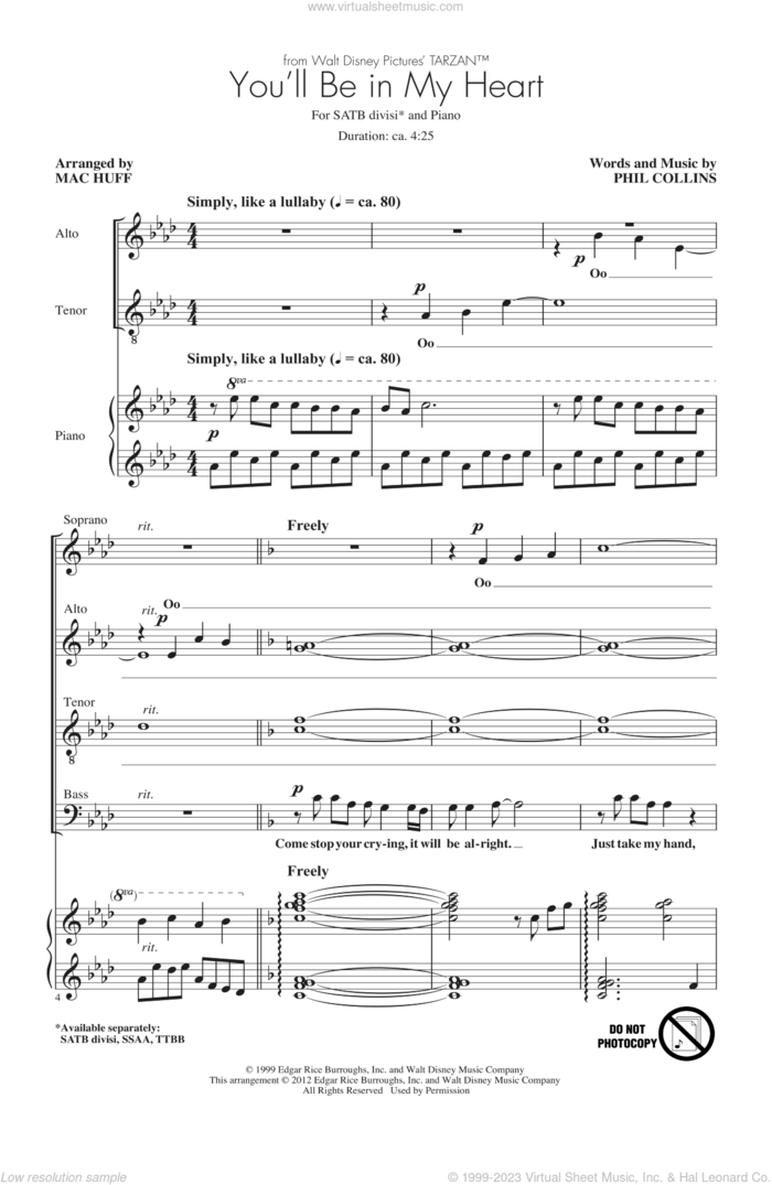 You'll Be In My Heart (from Tarzan) (arr. Mac Huff) sheet music for choir (SATB: soprano, alto, tenor, bass) by Phil Collins and Mac Huff, intermediate skill level