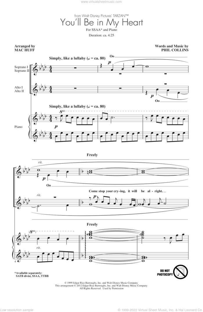 You'll Be In My Heart (from Tarzan) (arr. Mac Huff) sheet music for choir (SSA: soprano, alto) by Phil Collins and Mac Huff, intermediate skill level