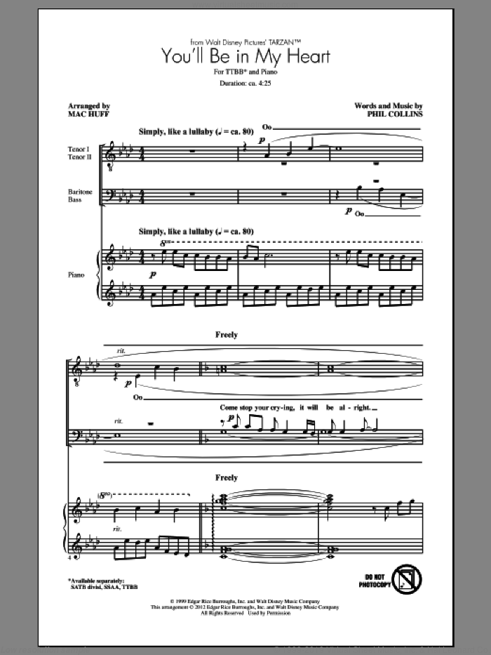 You'll Be In My Heart (from Tarzan) (arr. Mac Huff) sheet music for choir (TTBB: tenor, bass) by Phil Collins and Mac Huff, intermediate skill level
