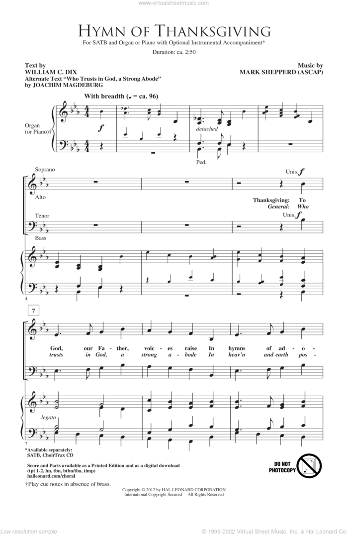 Hymn Of Thanksgiving sheet music for choir (SATB: soprano, alto, tenor, bass) by Mark Shepperd and William Chatterton Dix, intermediate skill level