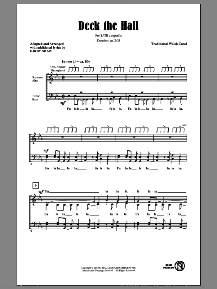 Deck The Hall sheet music for choir (SATB: soprano, alto, tenor, bass) by Kirby Shaw, intermediate skill level