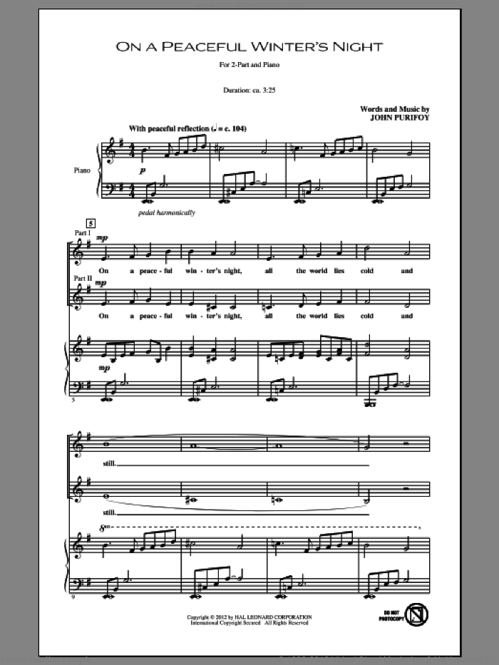 On A Peacful Winter's Night sheet music for choir (2-Part) by John Purifoy, intermediate duet