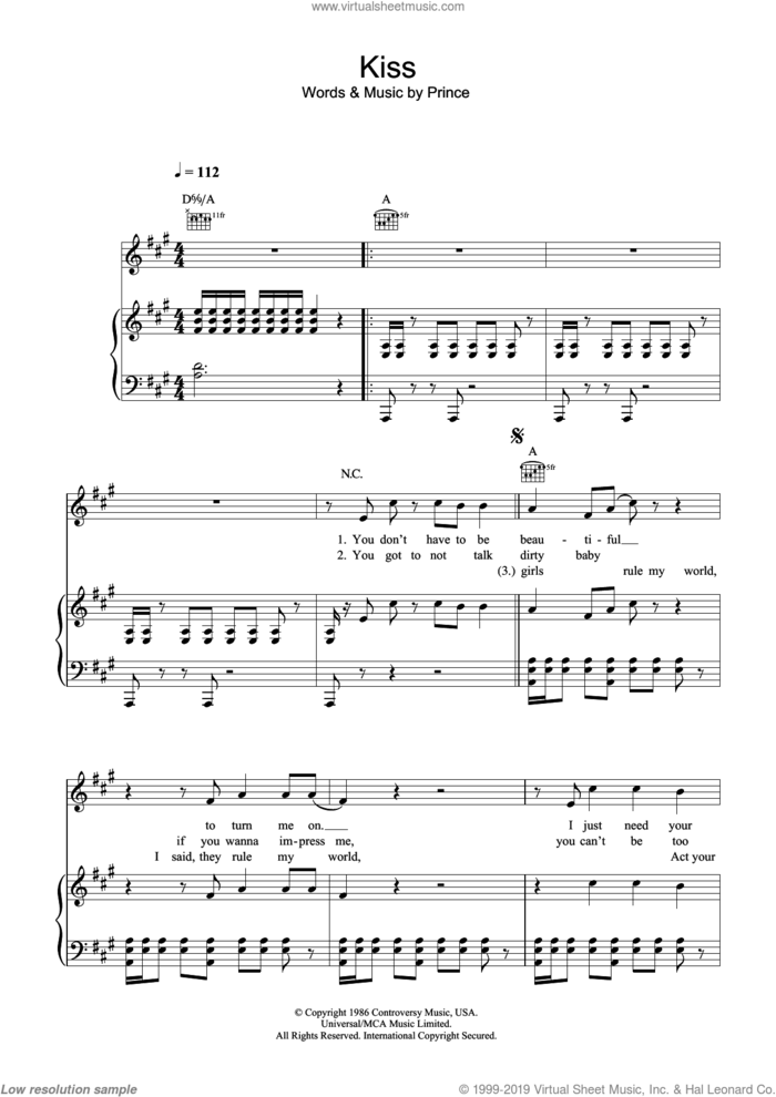 Kiss sheet music for voice, piano or guitar by Prince and Prince & The Revolution, intermediate skill level